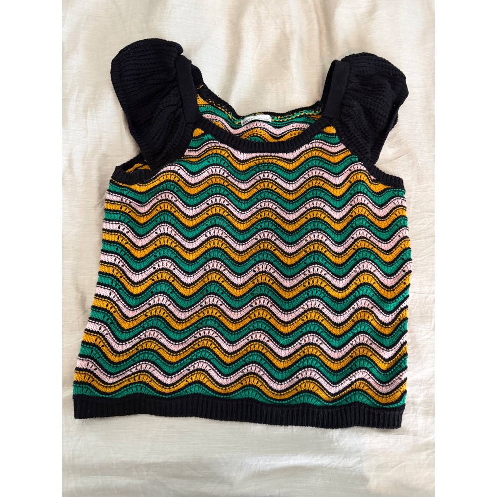 KALY K Wavy Chevron Knit Tank Top‎ Flutter Sleeve Black Green Yellow Pink